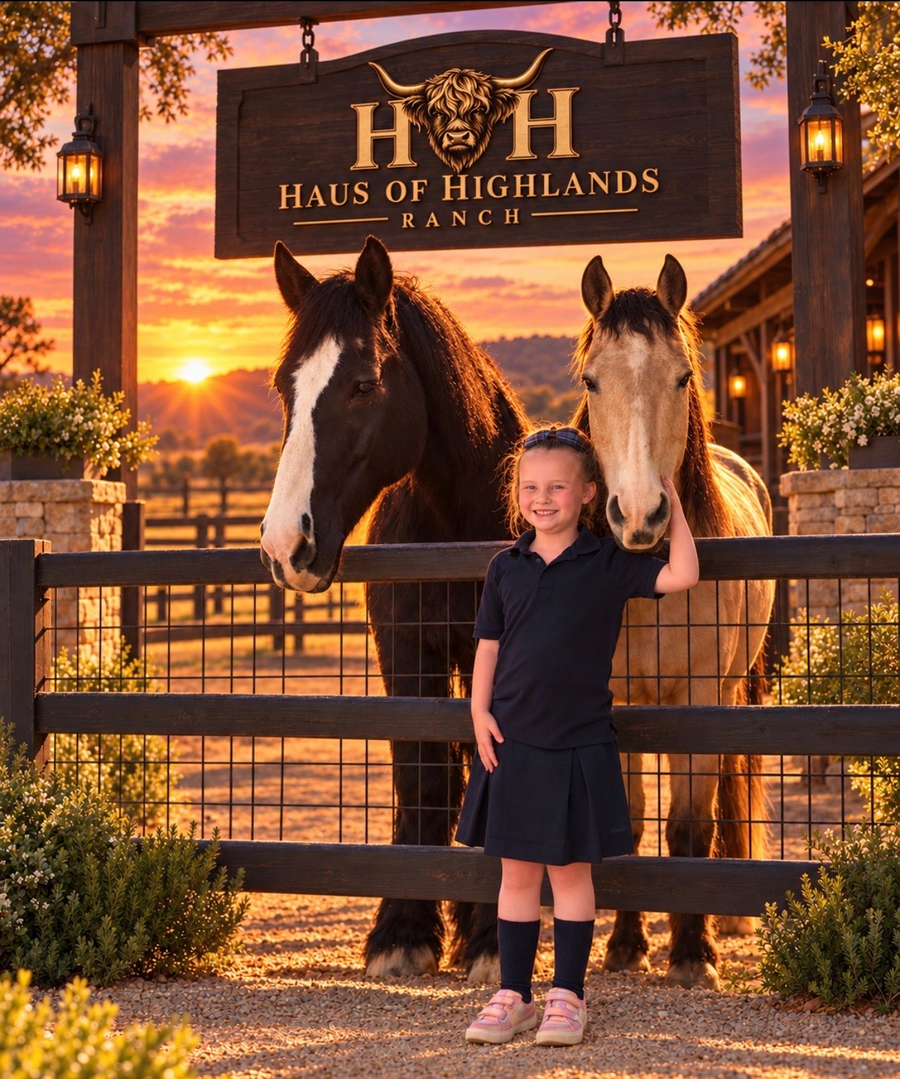 Kensington with two horses under the Haus of Highlands ranch sign at sunset