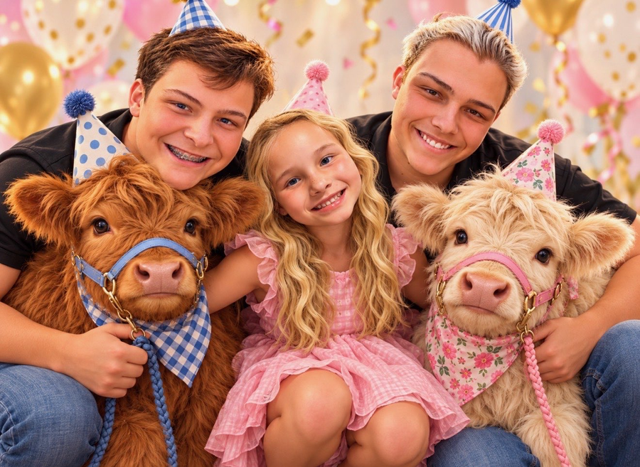 Kids in party hats with two miniature Highland calves