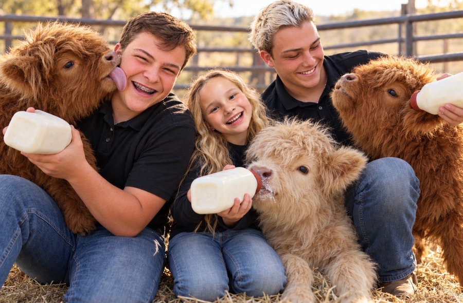 Kids bottle-feeding the Highland calves