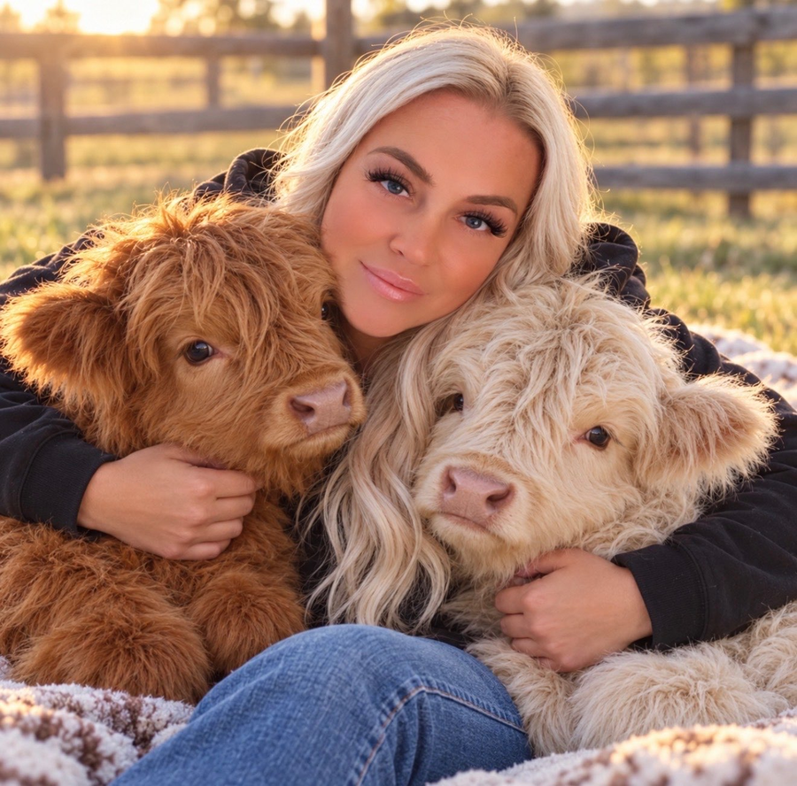 Ciji cuddling a red and a cream miniature Highland calf at sunset