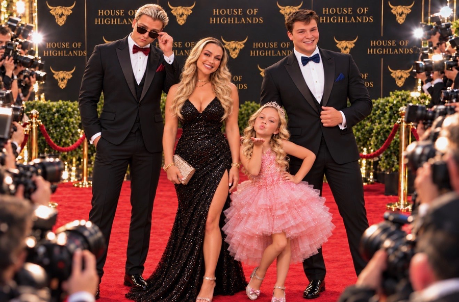 Family dressed up on a red carpet in front of a Haus of Highlands backdrop